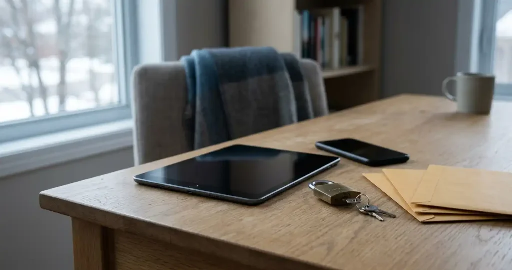 Unbranded tablet and mobile phone beside a small padlock on a desk