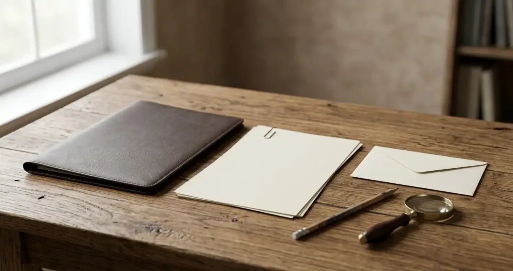 Closed folder and paper correspondence on a wooden desk