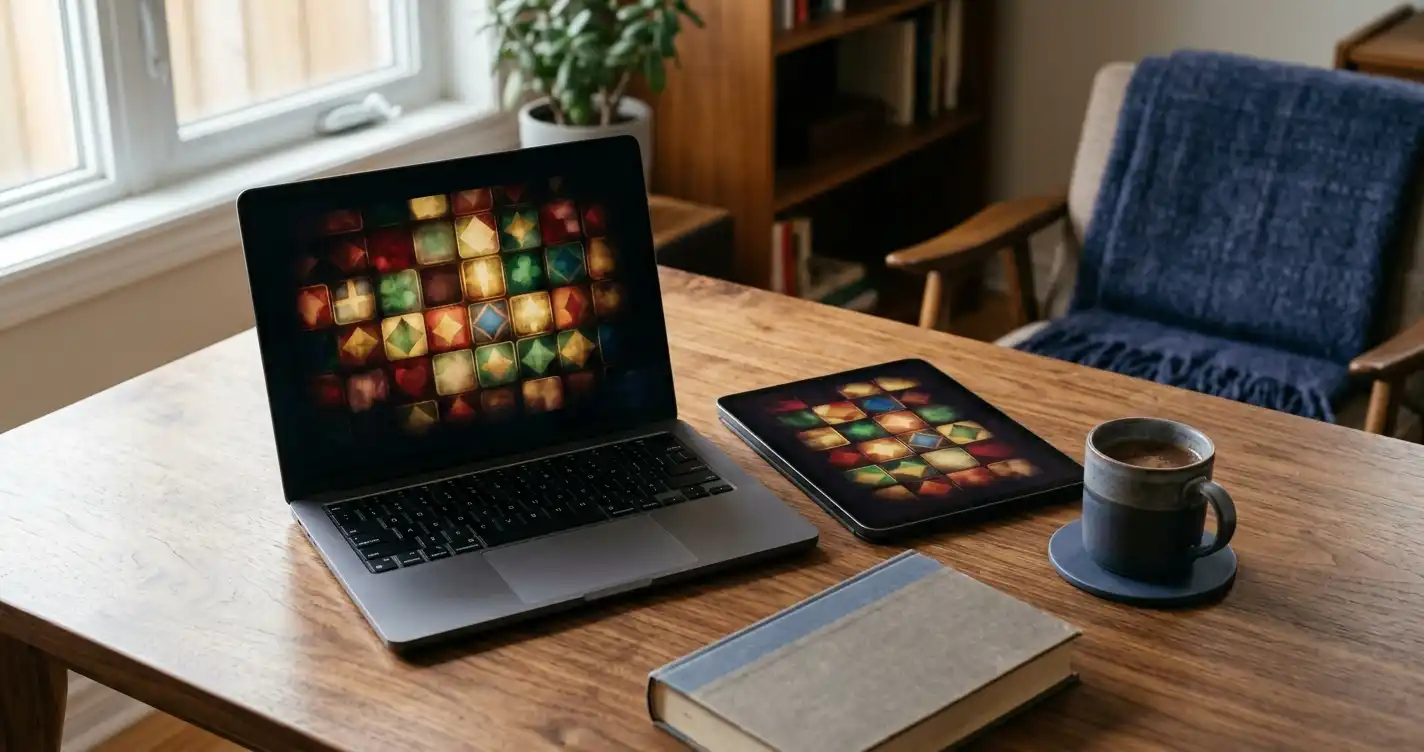 Tablet and laptop beside a neat arrangement of abstract gaming tiles