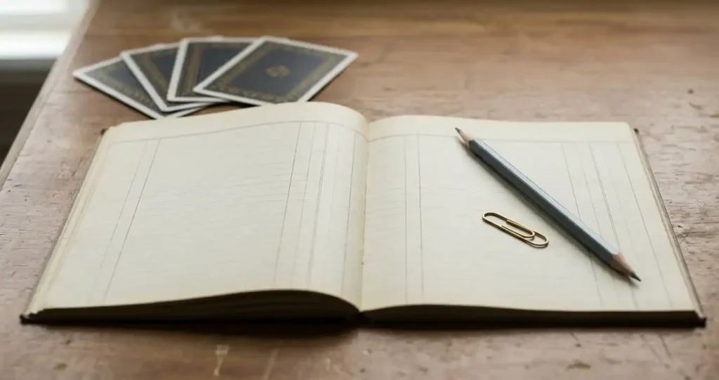 Blank ledger notebook, pencil and playing cards on a quiet desk