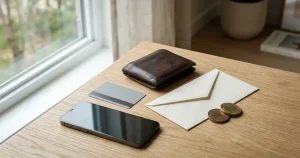 Wallet, unmarked bank card and phone on a light wood desk