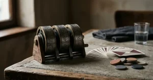 Unbranded slot reel symbols beside playing cards on a dark tabletop
