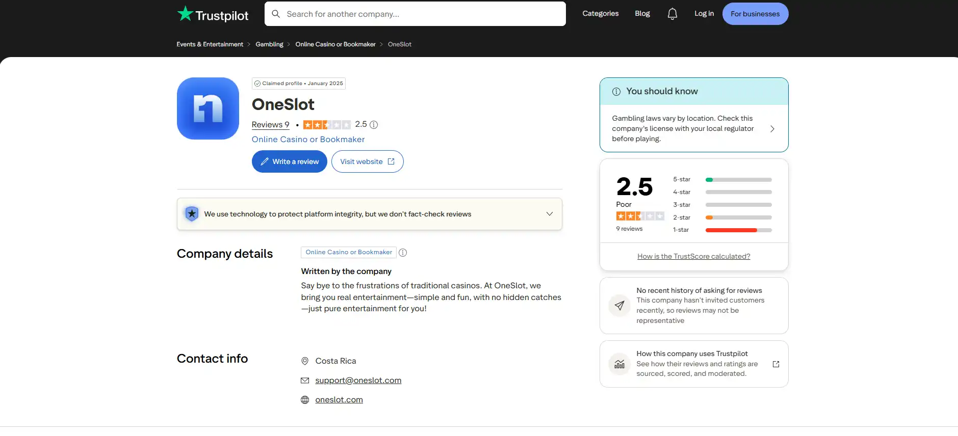 OneSlot profile on Trustpilot with a 2.5 out of 5 rating and nine reviews