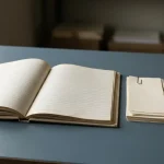 Plain paper transaction slips and a ledger beside a pen on a desk