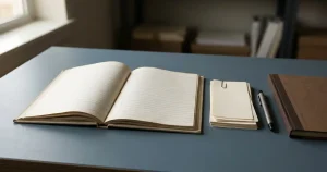 Plain paper transaction slips and a ledger beside a pen on a desk